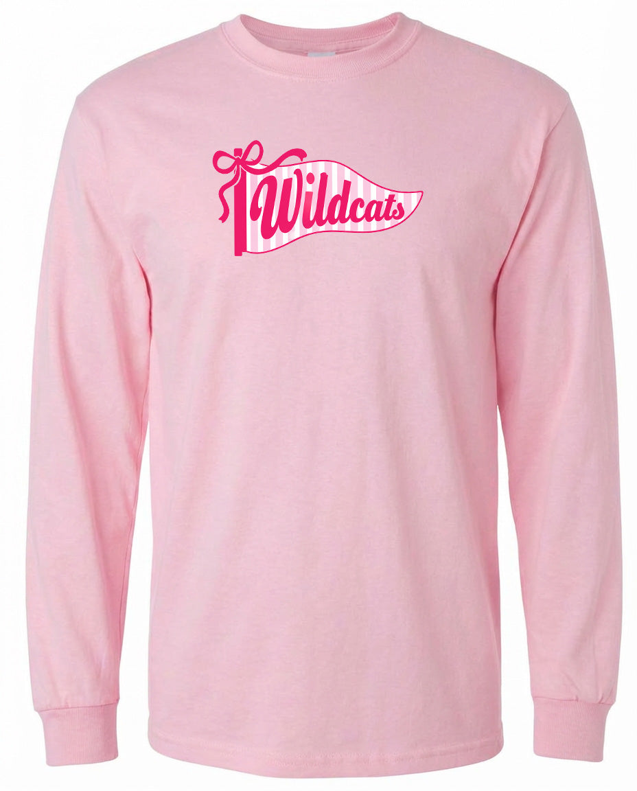 A pink long-sleeved t-shirt with a graphic design featuring the text "Wildcats" in a stylized font.