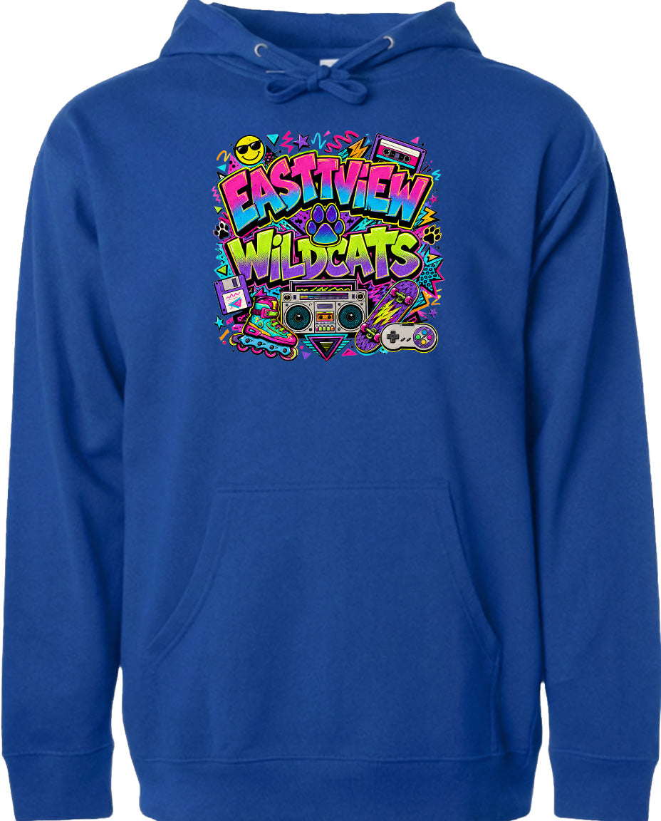 A blue hoodie with a colorful graphic design featuring a boombox, a video game controller, and various other icons and symbols.