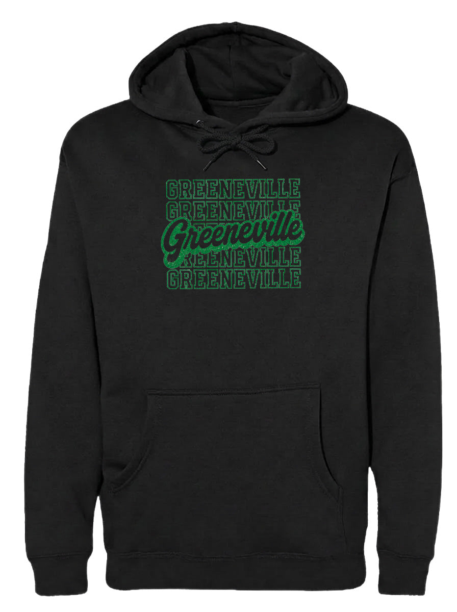 A black hoodie with the text "Greeneville" printed in green on the front.