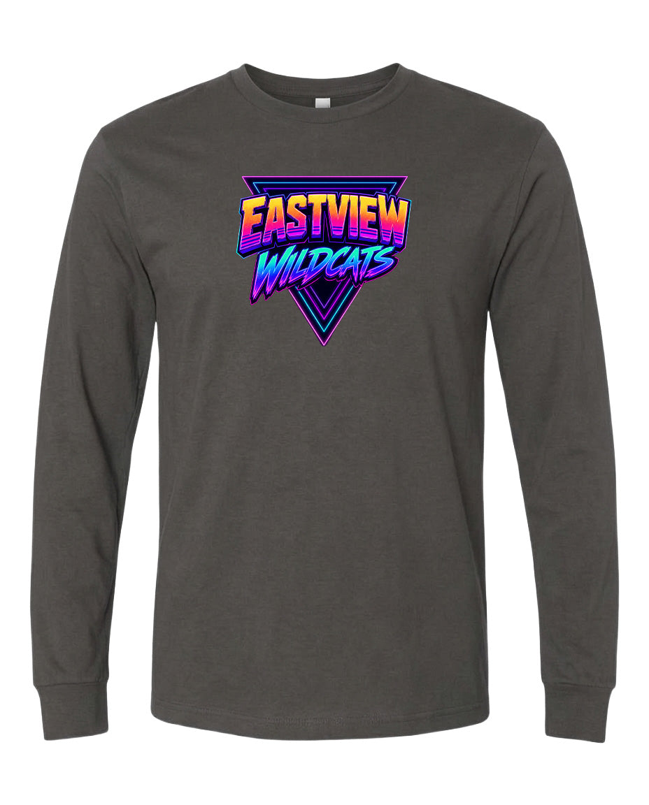 A gray long-sleeved t-shirt with a graphic design featuring the text "EASTVIEW WILDCATS" in a stylized font.