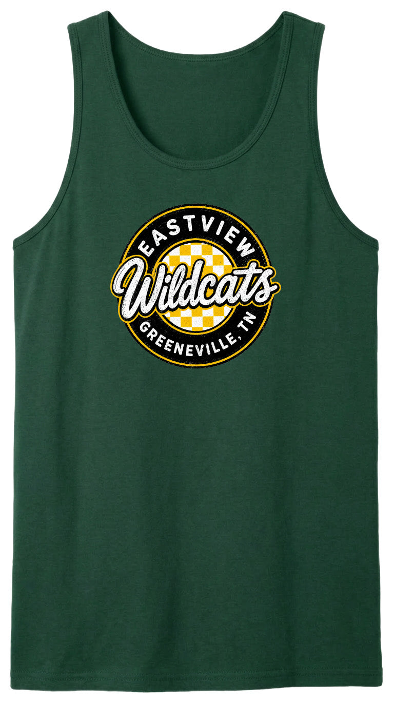 A green tank top with a circular logo that says "EASTVIEW Wildcats Greeneville, TN".
