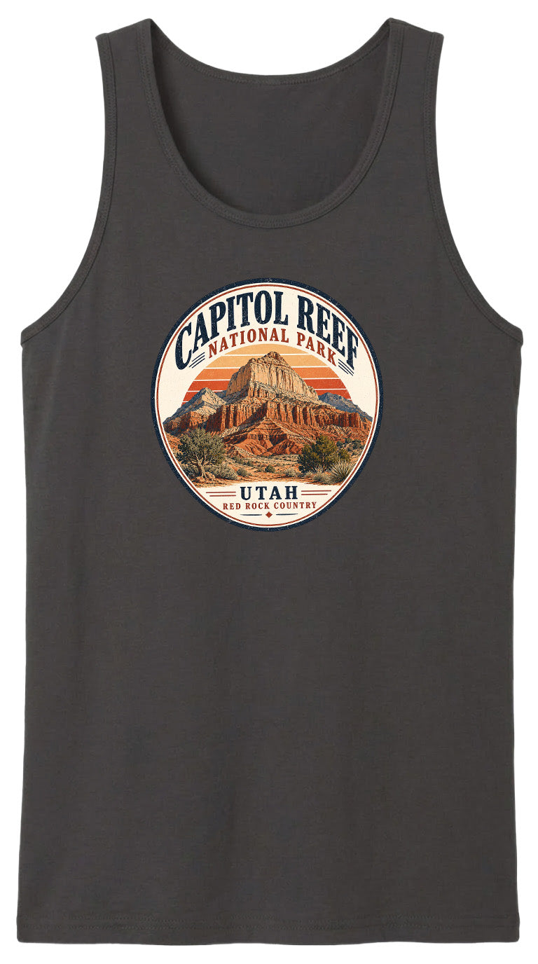 A black tank top with a circular graphic design featuring the Capitol Reef National Park in Utah.