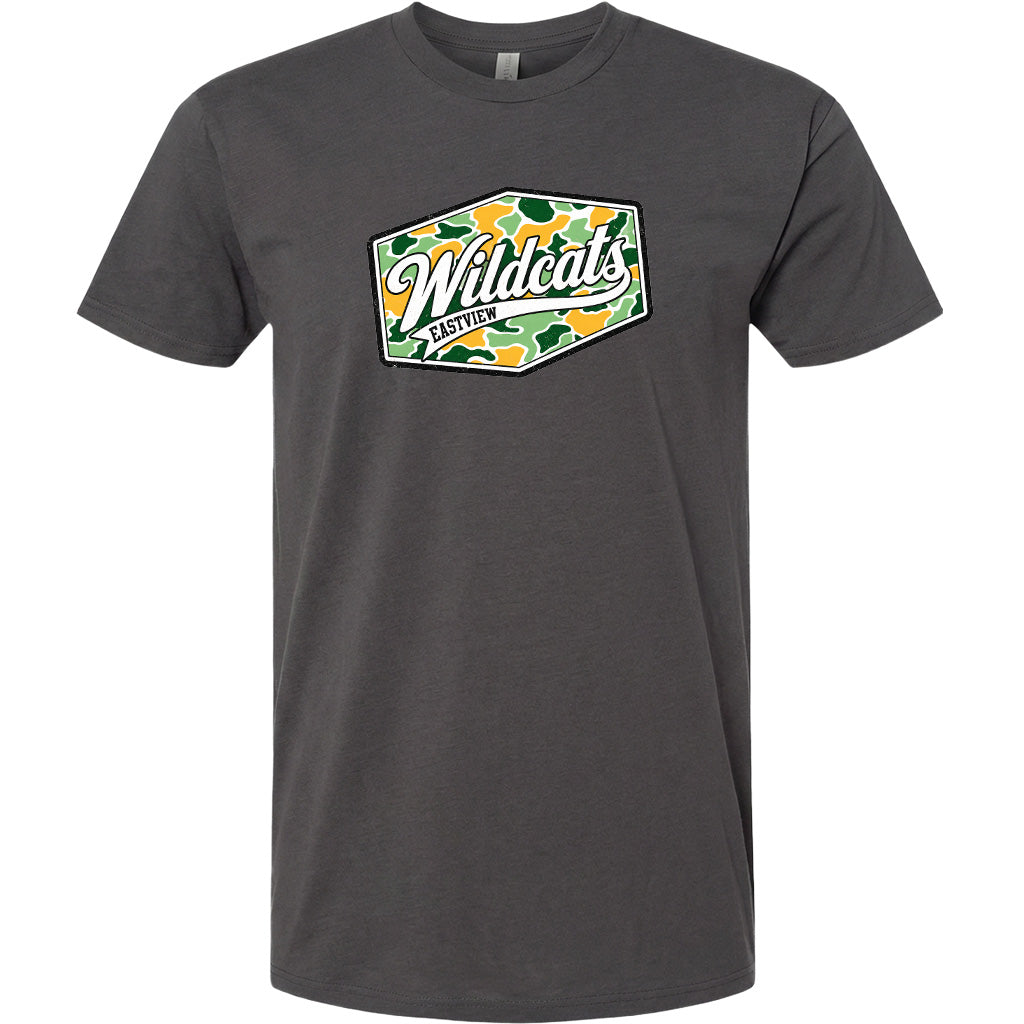 A gray t-shirt with a graphic design featuring the word "Wildcats" in a stylized font, surrounded by a camouflage pattern.