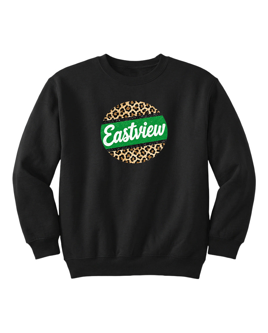 A black sweatshirt with a green and leopard print circular logo on the front.