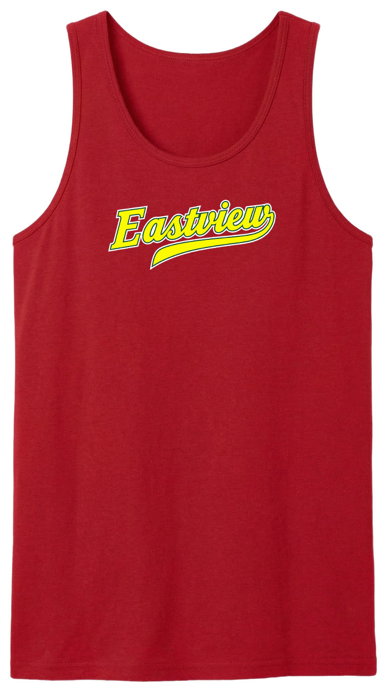 A red tank top with the word "Eastview" printed on it in yellow text.