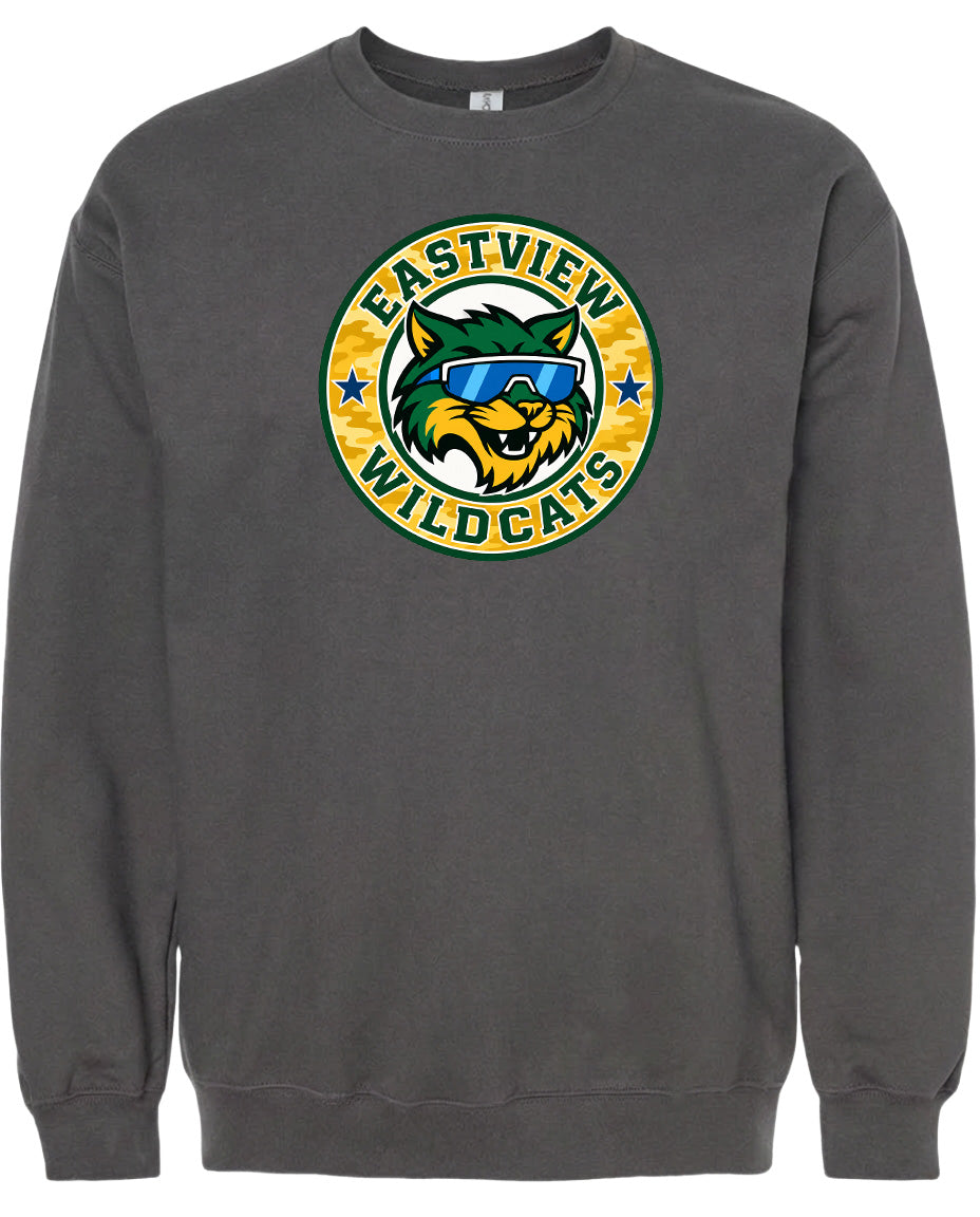 A gray sweatshirt with a circular logo featuring a cartoon-style cat wearing sunglasses and the text "EASTVIEW WILDCATS".