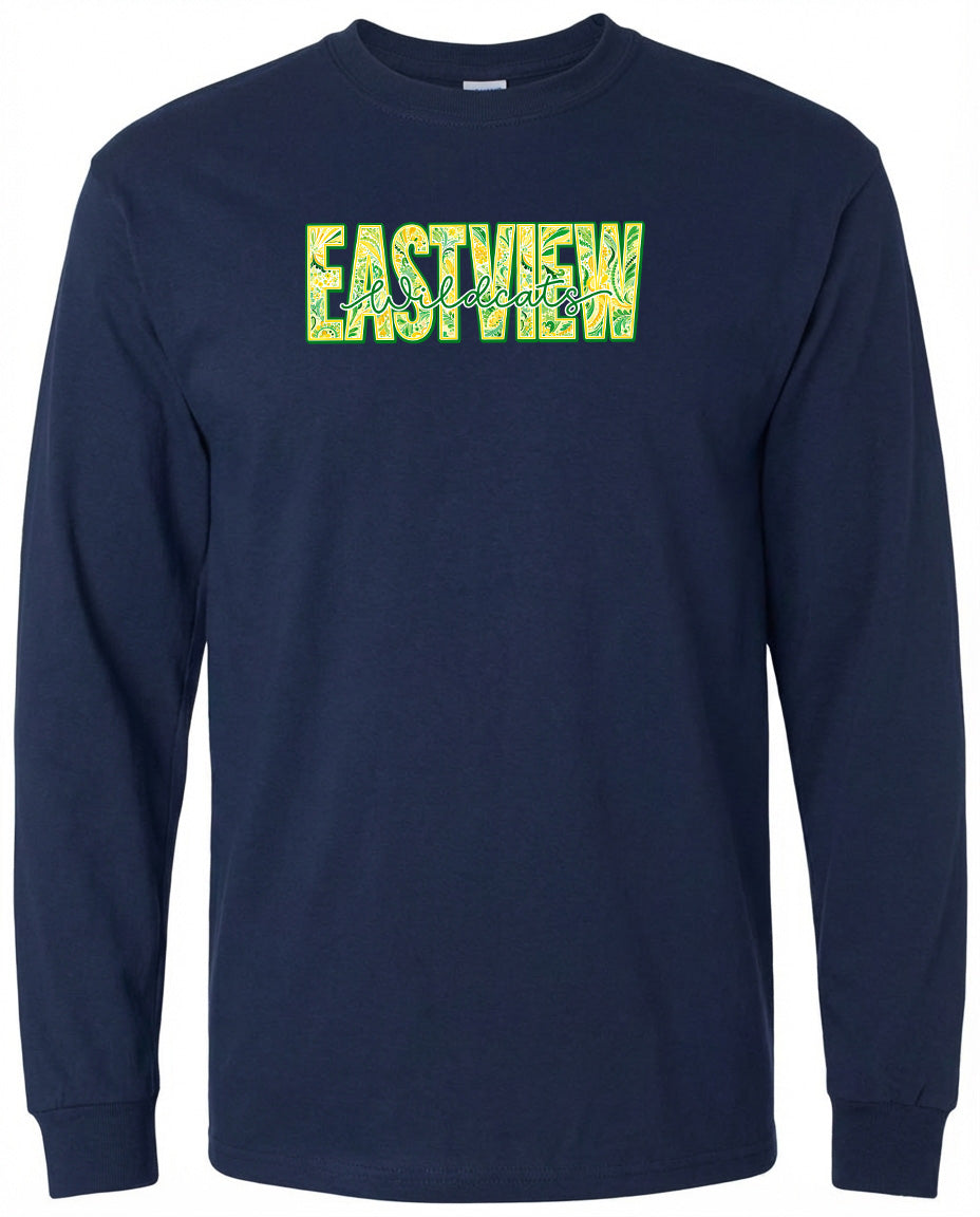 A navy blue long-sleeved shirt with a large yellow text logo on the front.
