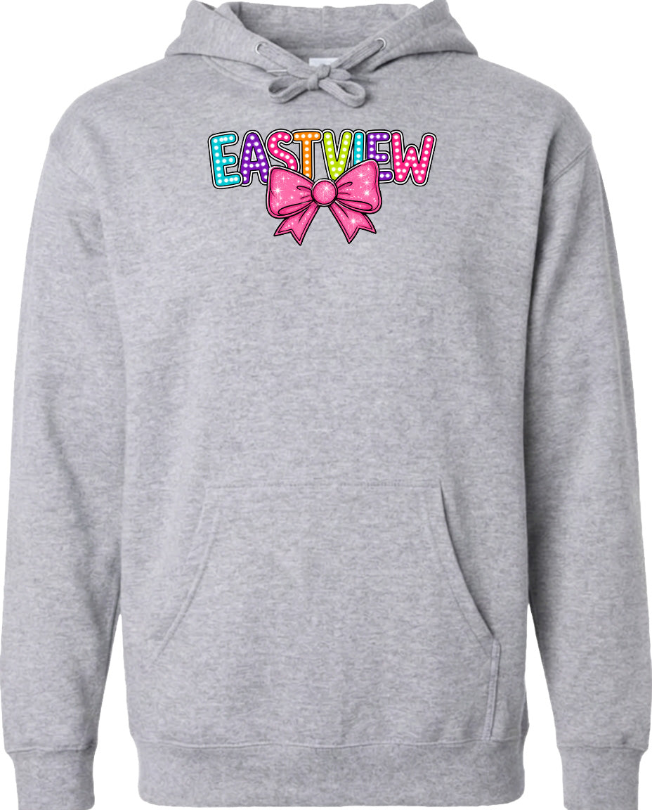 A gray hoodie with a colorful bow and the word "EASTVIEW" printed on it.