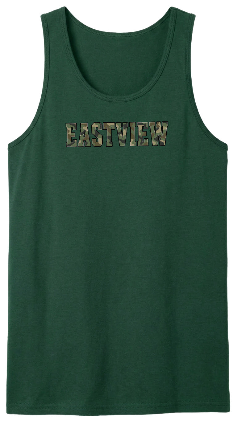 A green tank top with the word "EASTVIEW" printed on it in a camouflage pattern.