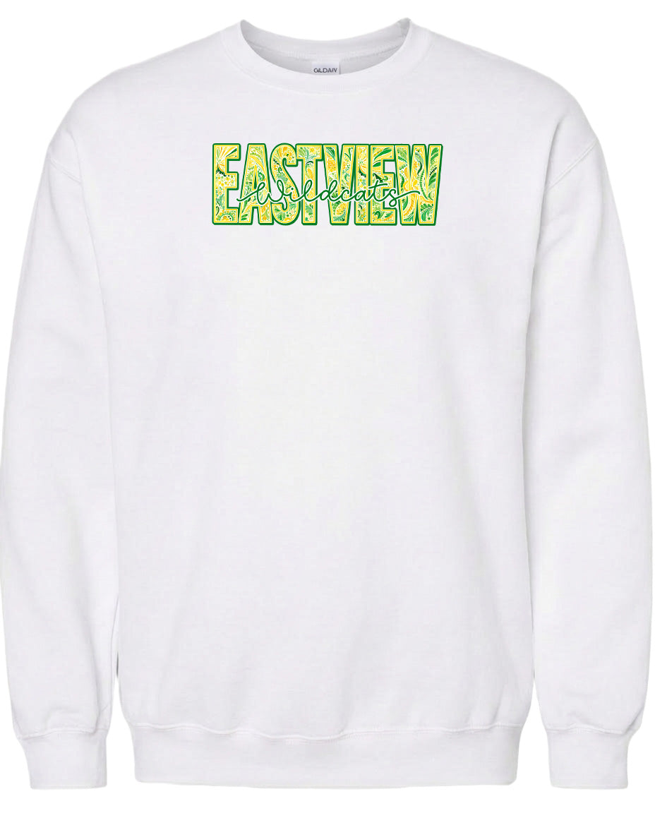 A white sweatshirt with a large green and yellow text logo on the front.