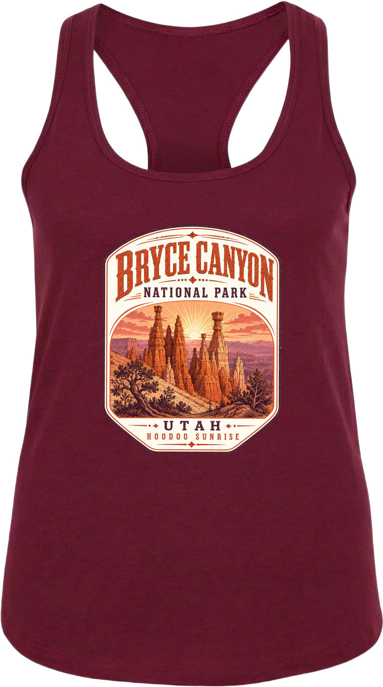 A red tank top with a graphic design depicting Bryce Canyon National Park and Utah Hoodoo Sunset.