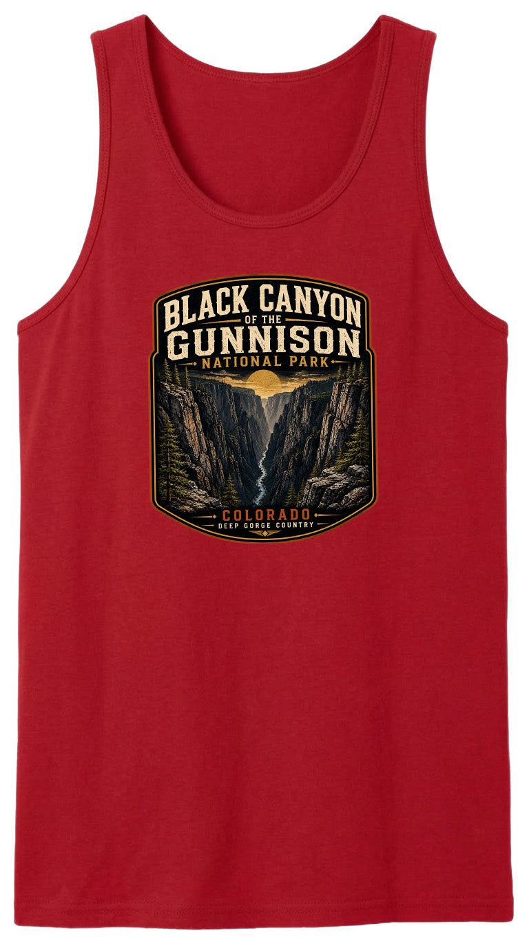 A red tank top with a graphic design depicting the Black Canyon of the Gunnison National Park in Colorado.