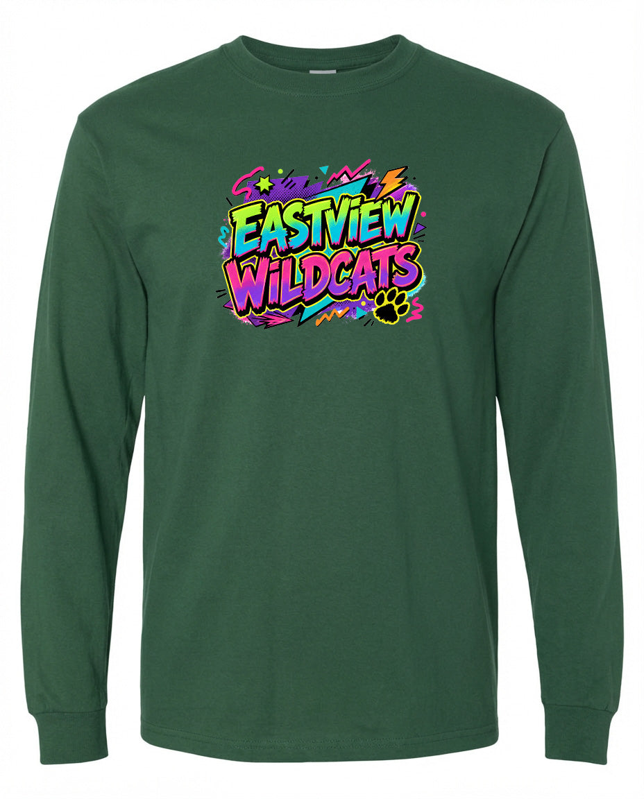 A long-sleeved green t-shirt with a colorful graphic design featuring the text "EASTVIEW WILDCATS" in a stylized font.