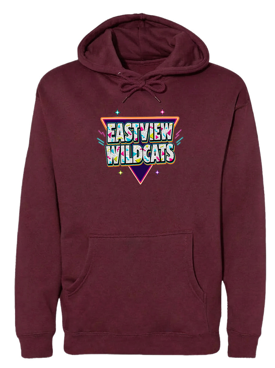 A burgundy hoodie with a graphic design featuring the text "EASTVIEW WILDCATS" in a colorful, retro-style font.