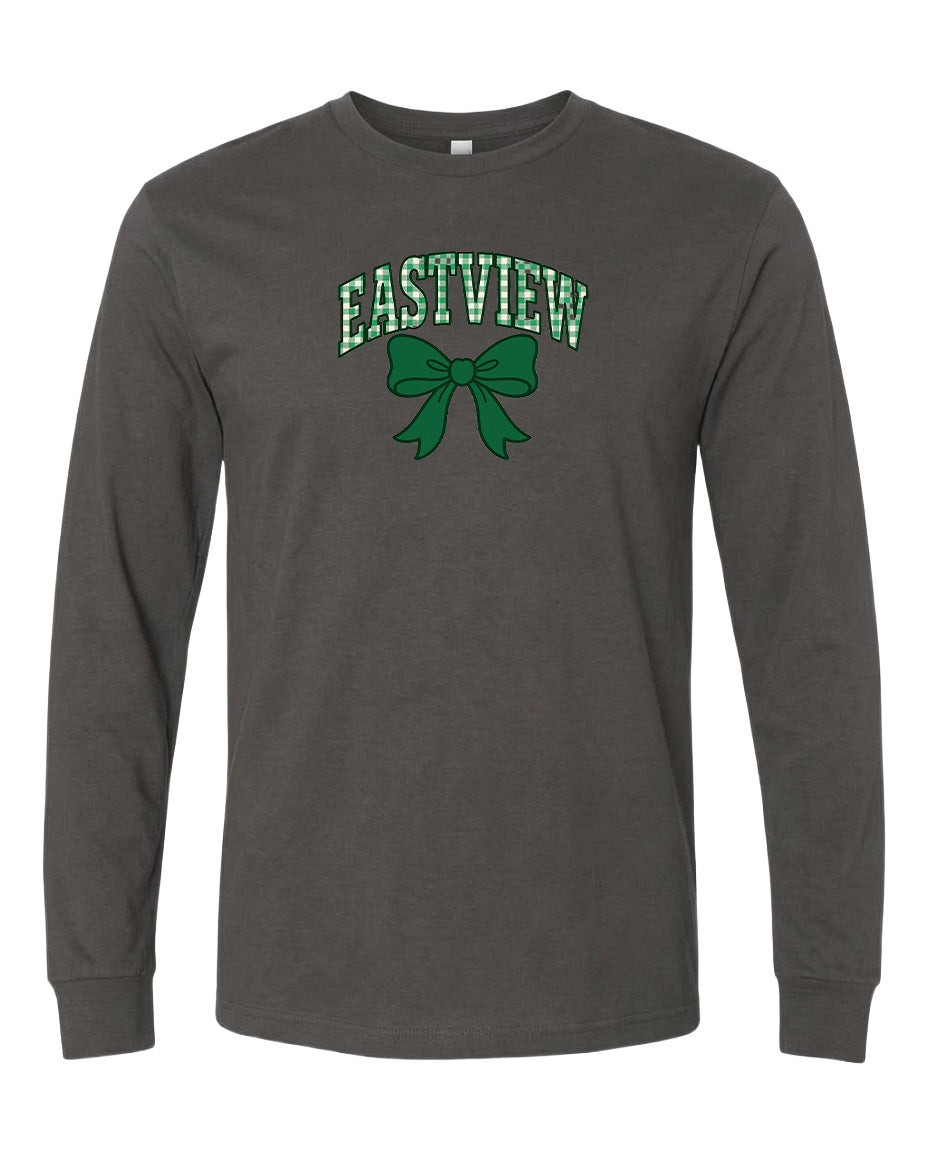 A gray long-sleeved t-shirt with a green bow and the word "EASTVIEW" printed on it.