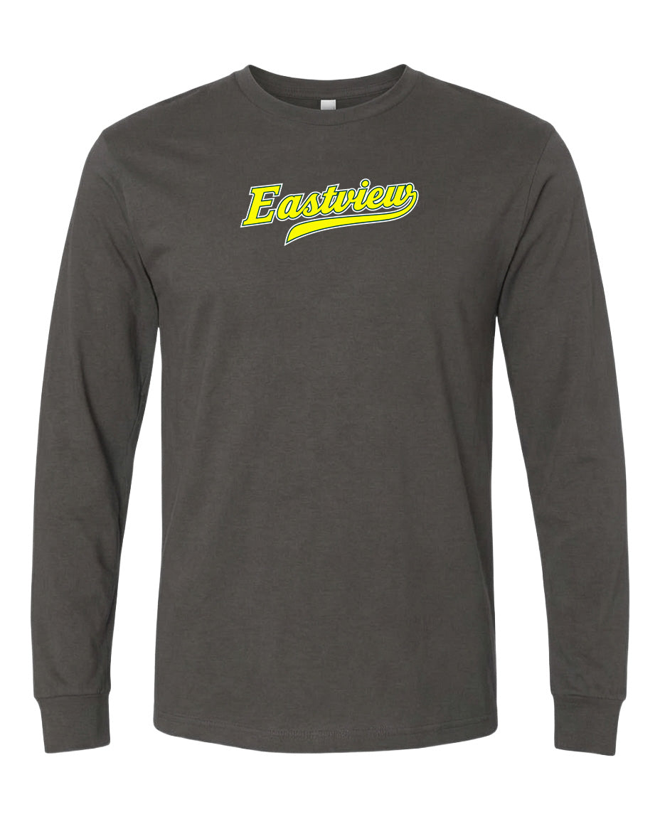 A gray long-sleeve t-shirt with a yellow text logo on the front.