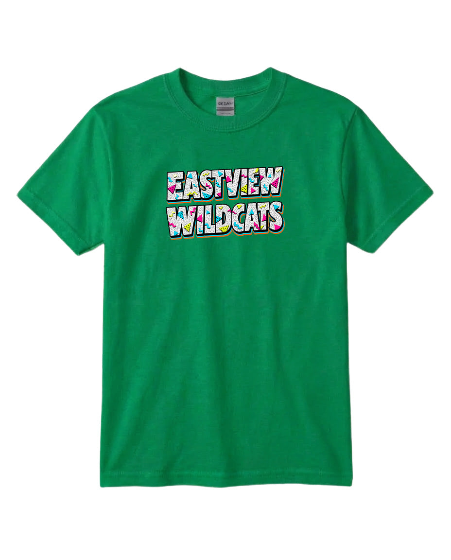 A green t-shirt with the text "EASTVIEW WILDCATS" printed on it.