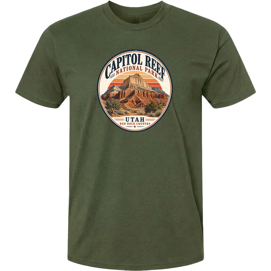 A green t-shirt with a circular graphic design featuring the Capitol Reef National Park in Utah.