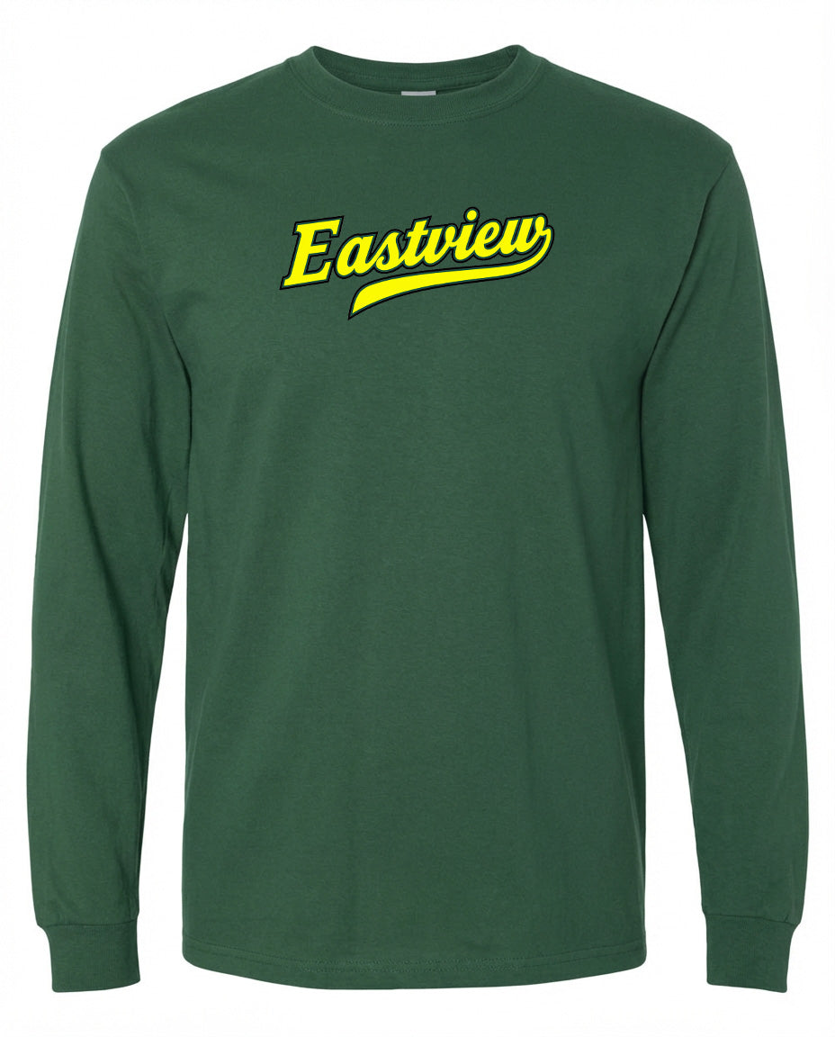 A green long-sleeved shirt with the word "Eastview" printed in yellow on the front.