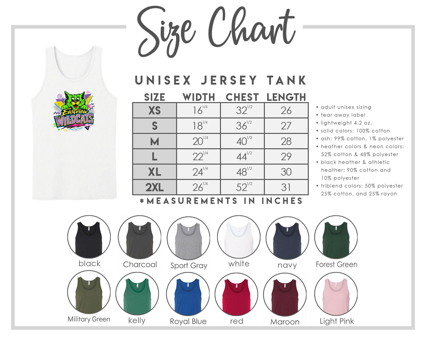 The image is a size chart for a unisex jersey tank, providing measurements for chest length, waist, and hip width. It includes a variety of tank sizes and colors, such as black, charcoal, sport gray, navy, forest green, and pink.