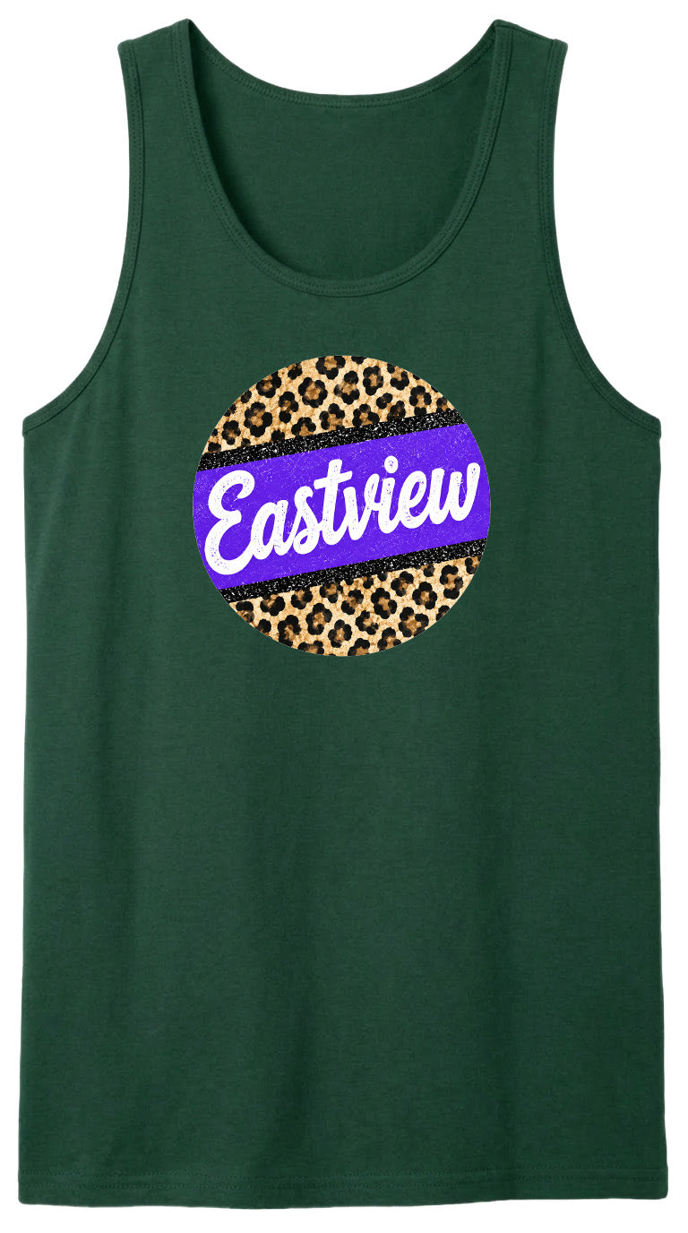 A green tank top with a purple and leopard print circular logo on it.