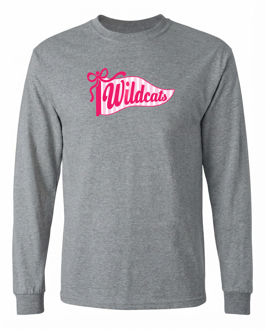 A gray long-sleeved t-shirt with a pink and white graphic design featuring the word "Wildcats" on it.