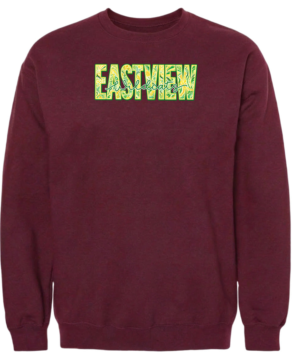 A burgundy-colored sweatshirt with the word "EASTVIEW" printed in yellow letters across the front.