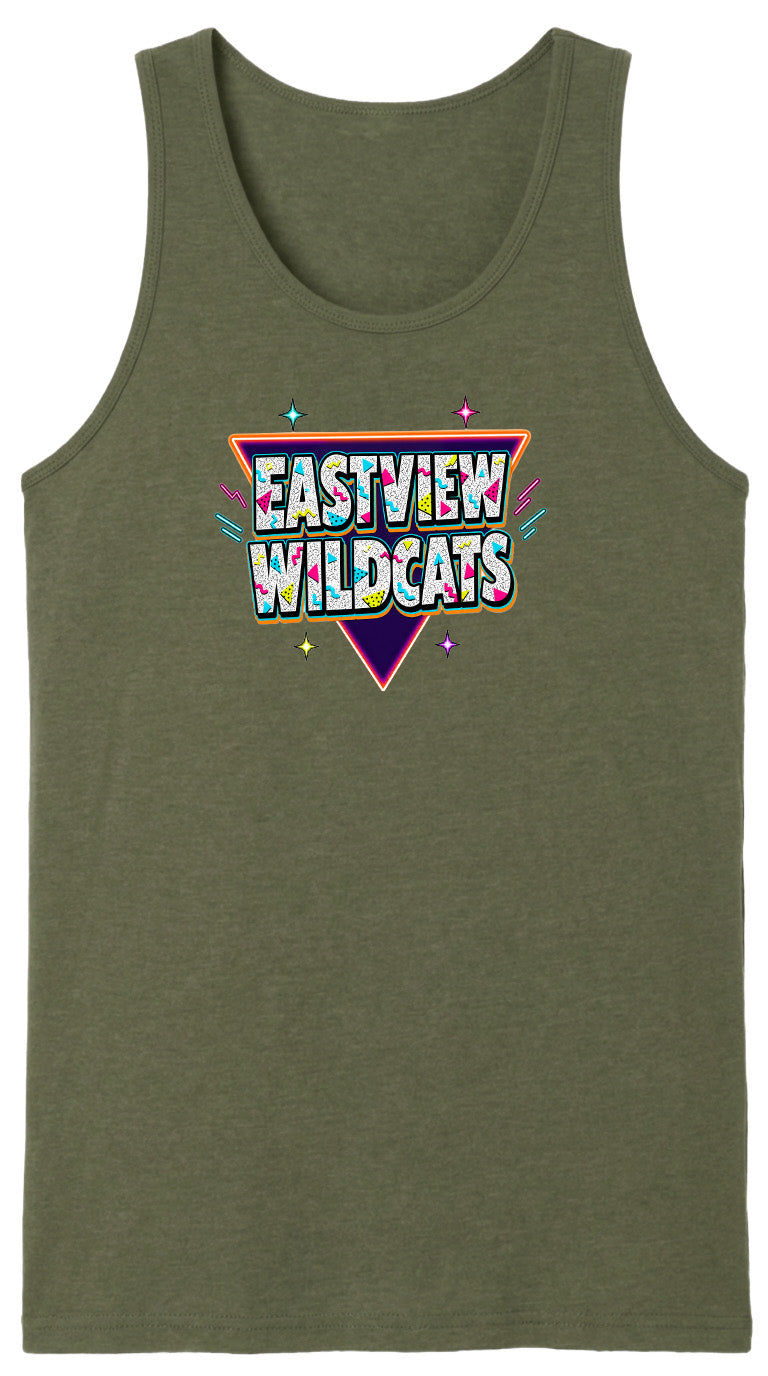 A green tank top with a colorful graphic design featuring the text "EASTVIEW WILDCATS" in a retro style.