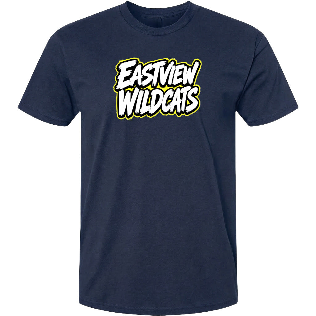 A navy blue t-shirt with a graphic design featuring the text "EASTVIEW WILDCATS" in a stylized font.