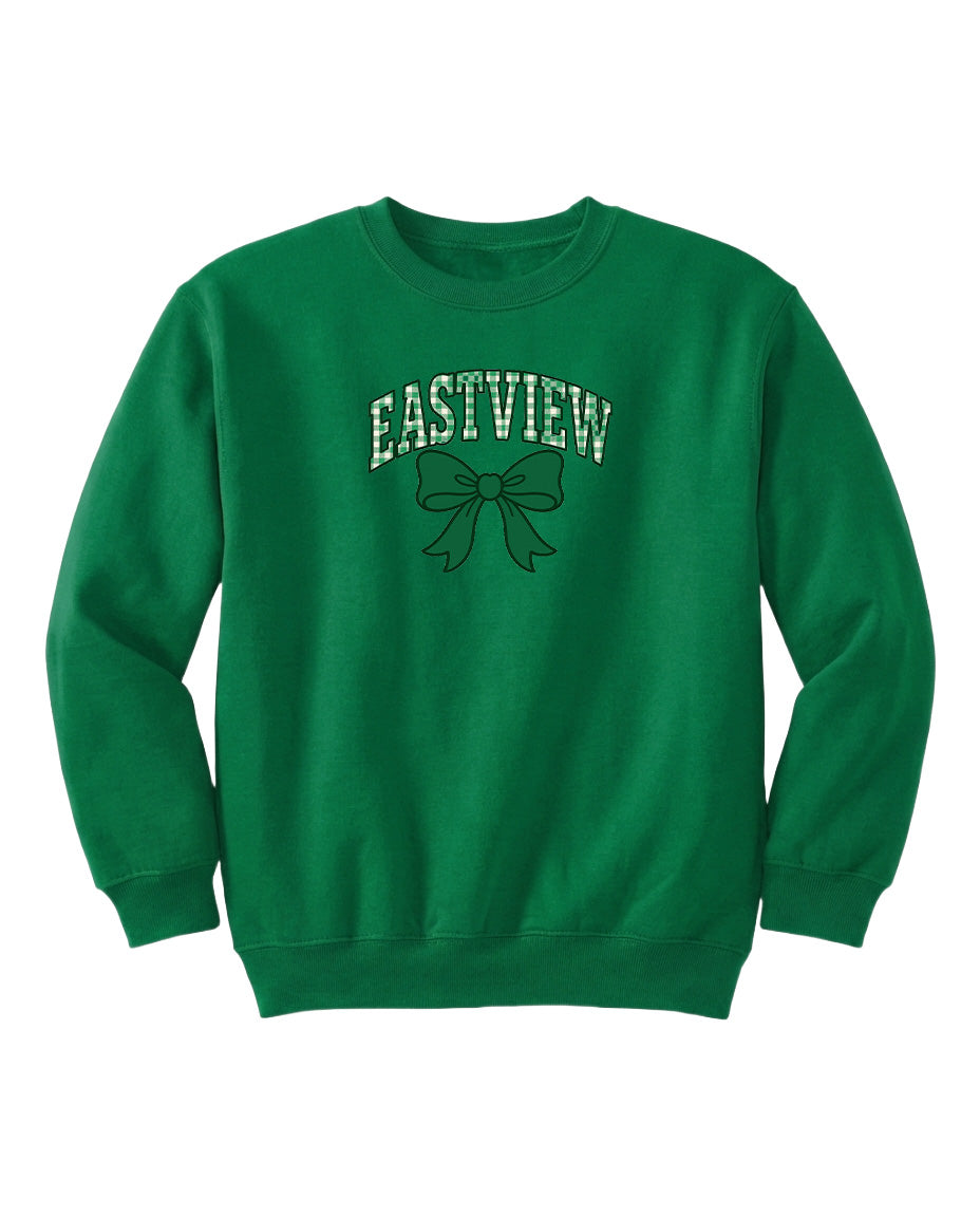 A bright green sweatshirt with the word "EASTVIEW" printed on it.