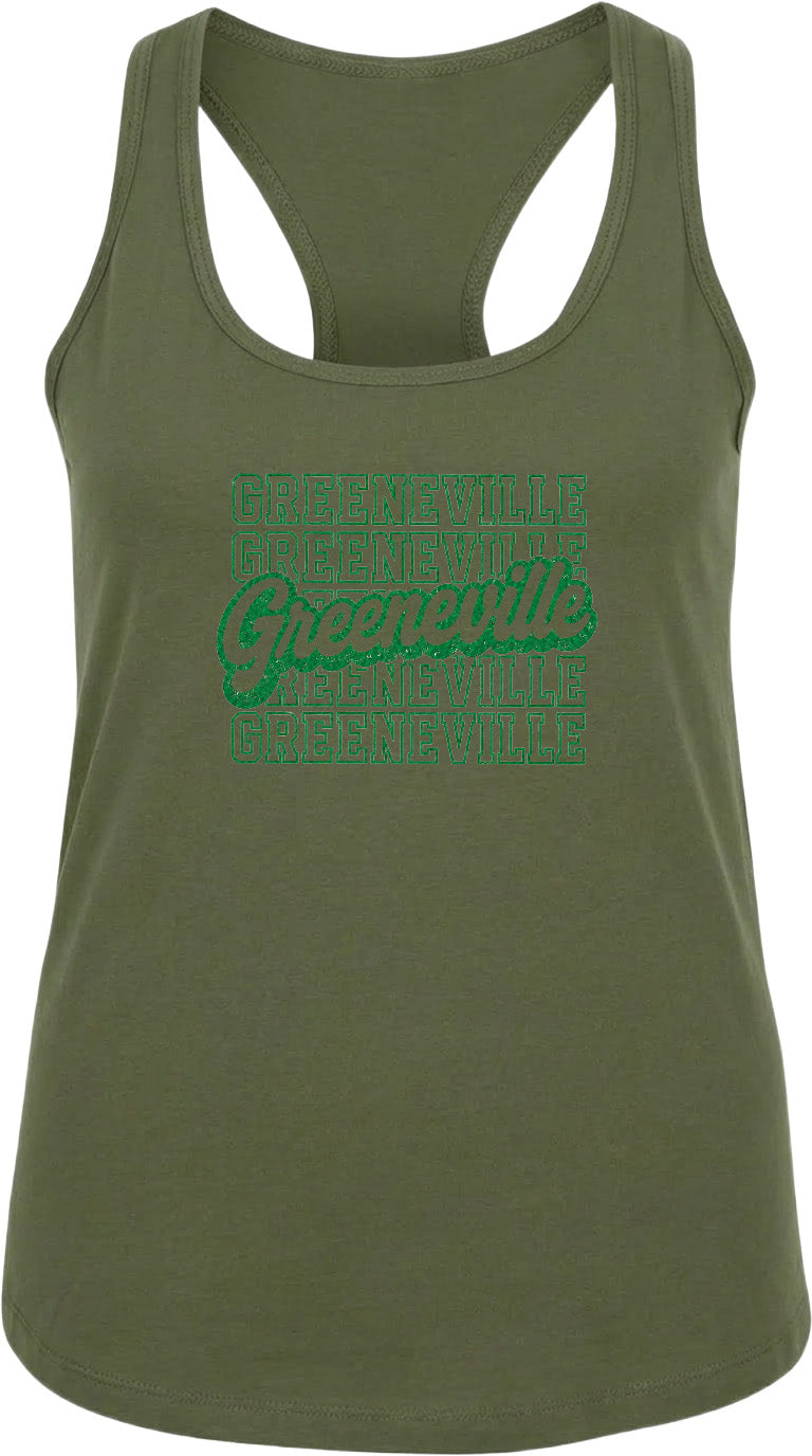 A green tank top with the text "Greenville" printed in a stylized font across the front.
