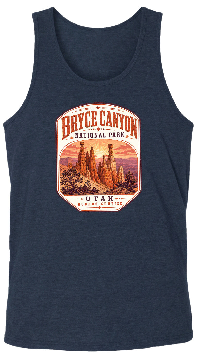 A graphic design featuring the Bryce Canyon National Park in Utah, with a mountain landscape and the text "Bryce Canyon National Park" prominently displayed.
