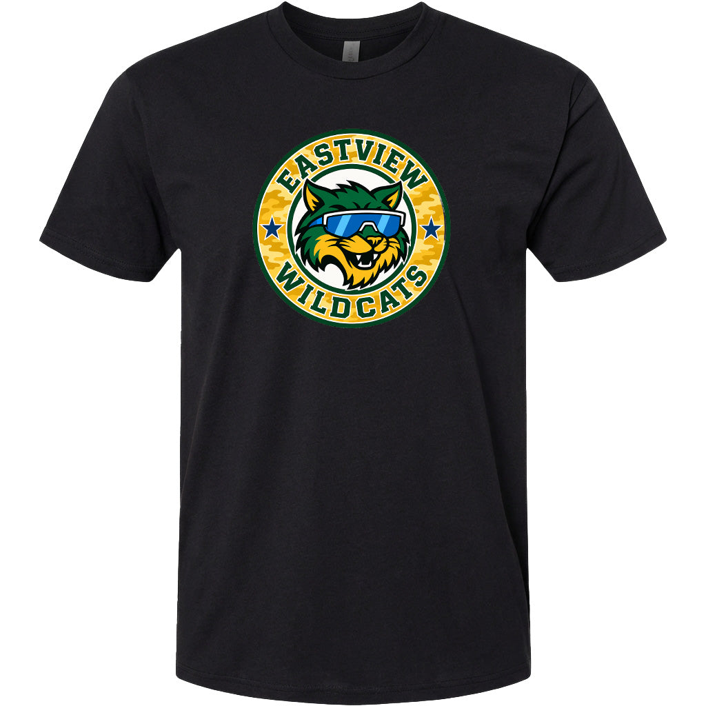 A black t-shirt with a graphic design featuring a cartoon-style cat wearing sunglasses and the text "EASTVIEW WILDCATS" around it.