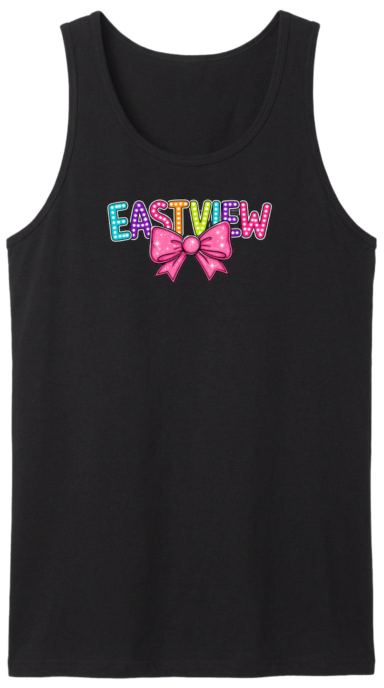 A black tank top with the word "EASTVIEW" printed on it in a colorful, stylized font.