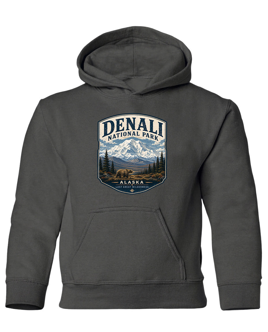 A gray hooded sweatshirt with a graphic design featuring a mountain landscape and the text "DENALI NATIONAL PARK ALASKA" printed on it.