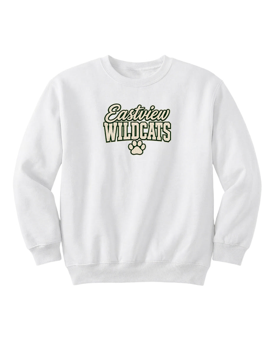 A white sweatshirt with the text "Eastview Wildcats" printed on it.