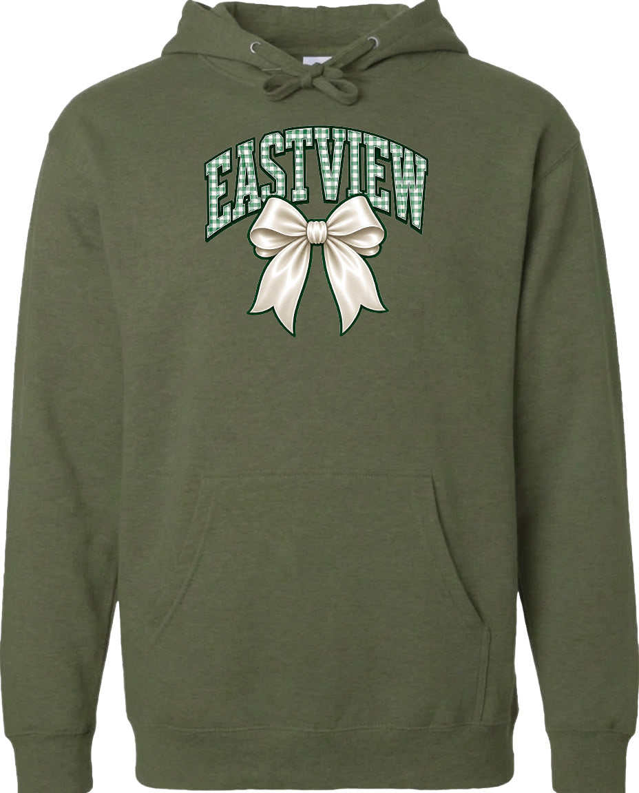 A green hoodie with a graphic design featuring a white bow and the word "EASTVIEW" printed on it.