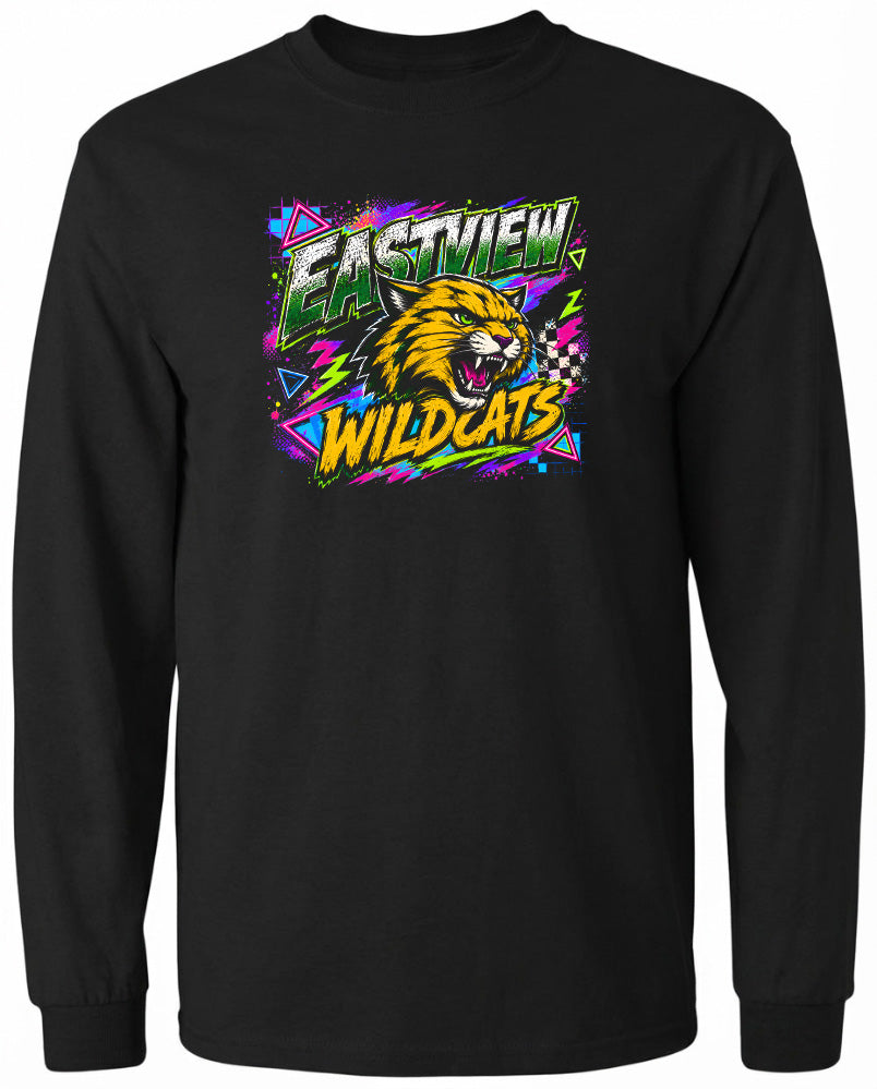 A black long-sleeved t-shirt with a graphic design featuring a yellow and orange cat's head surrounded by colorful geometric shapes and text.