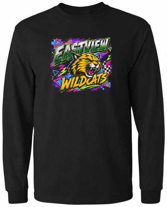 A black long-sleeved t-shirt with a graphic design featuring a yellow and orange cat's head surrounded by colorful geometric shapes and text.