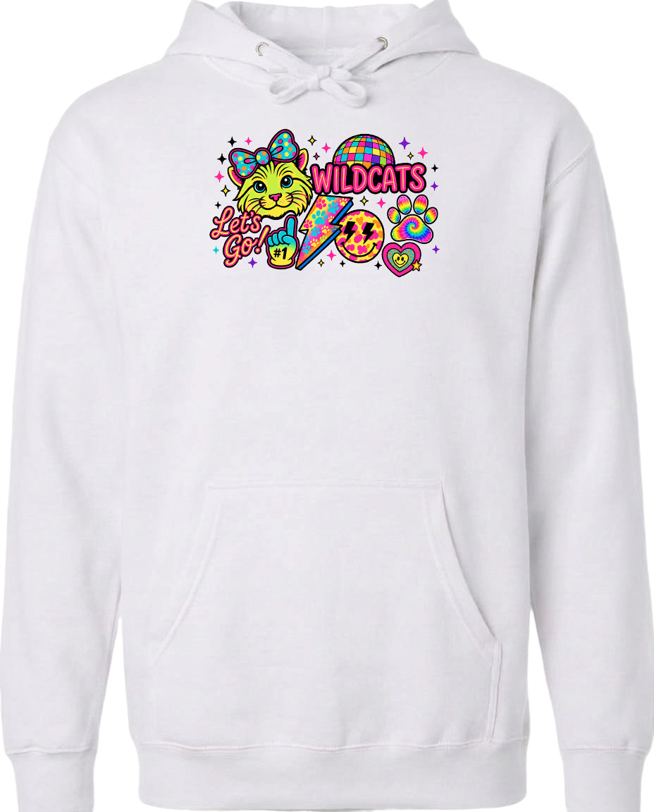 A white hoodie with a colorful graphic design featuring a cat, a rainbow, and various other elements.