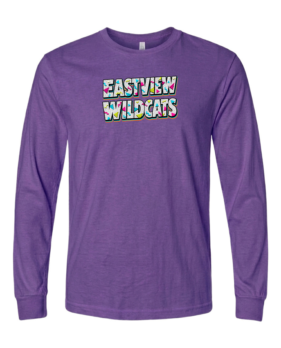 A purple long-sleeved t-shirt with the text "EASTVIEW WILDCATS" printed on it.