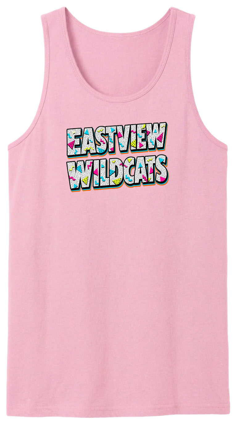 A pink tank top with the text "EASTVIEW WILDCATS" printed on it.