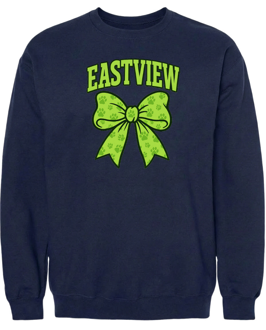 A navy blue sweatshirt with a large green bow and paw prints on it.