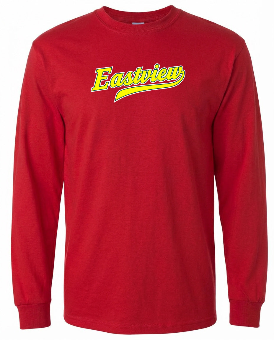 A red long-sleeved t-shirt with the word "Eastview" printed in yellow on the front.