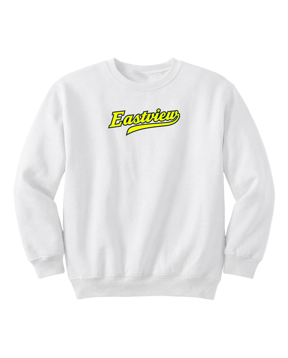 A white sweatshirt with the word "Eastview" printed in yellow on the front.