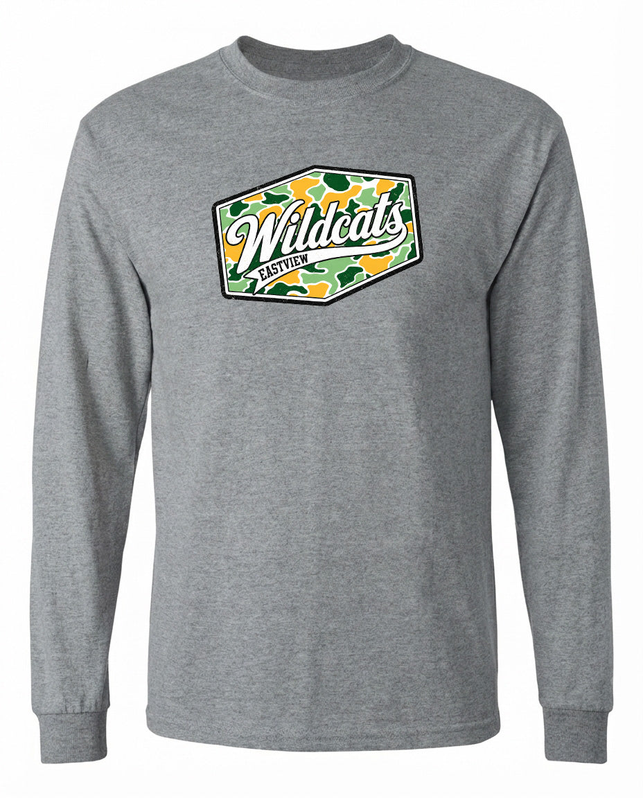 A gray long-sleeved t-shirt with a graphic design featuring a patch with the text "Wildcats Eastwood" and a camouflage pattern.
