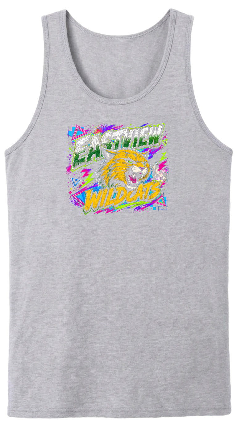 A gray tank top with a colorful graphic design featuring a cartoon-like wildcat and the text "EASTVIEW WILDCATS" in a vibrant, retro-style font.
