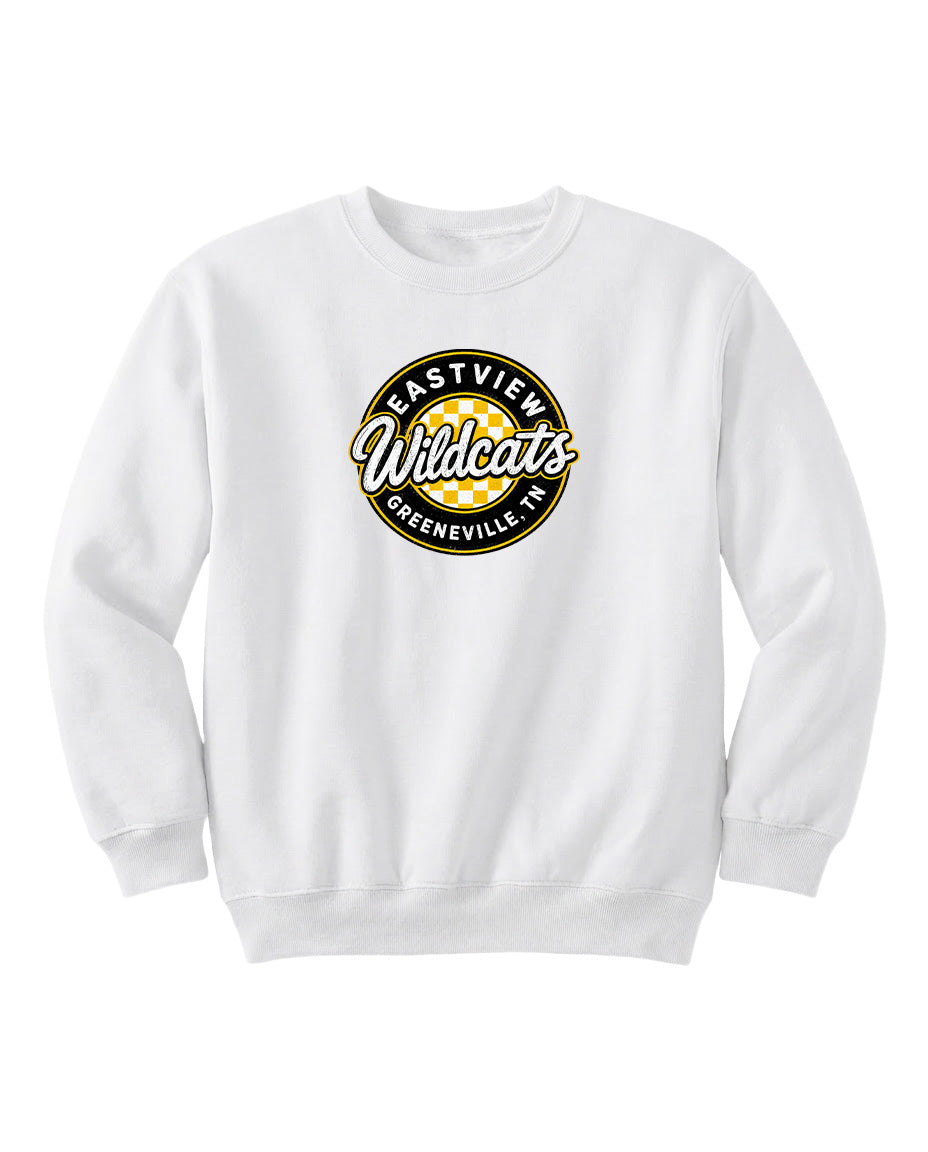 A white sweatshirt with a circular logo on the front.