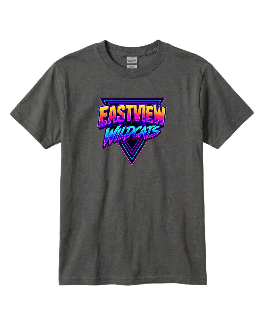 A gray t-shirt with a graphic design featuring the text "EASTVIEW WILDCATS" in a colorful, neon-like font.