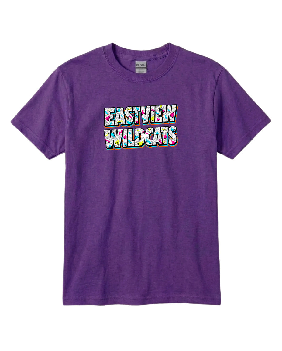 A purple t-shirt with the text "EASTVIEW WILDCATS" printed on it.